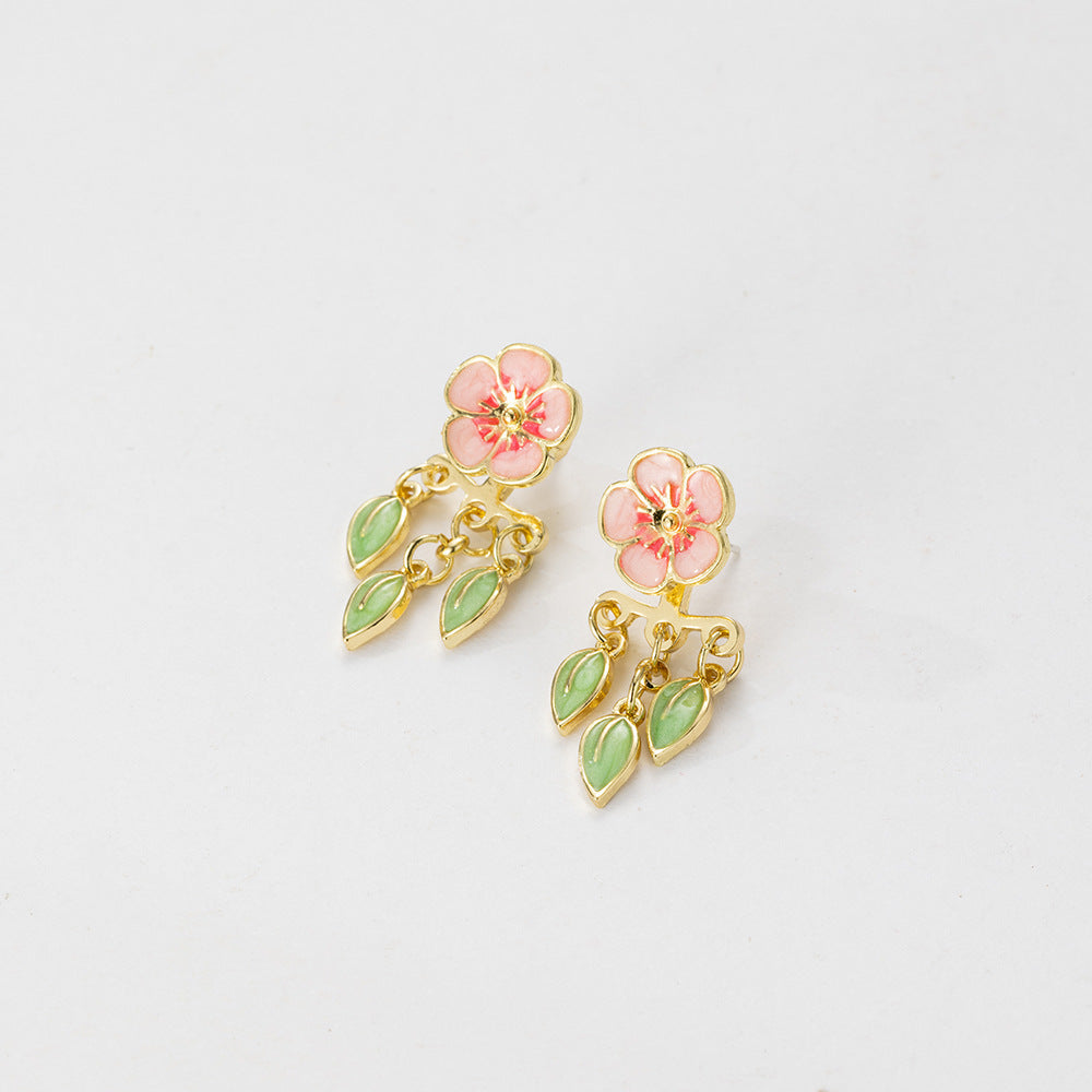 Special-interest Design Drop Oil Peach Blossom Leaf-shapepd Stud Earrings