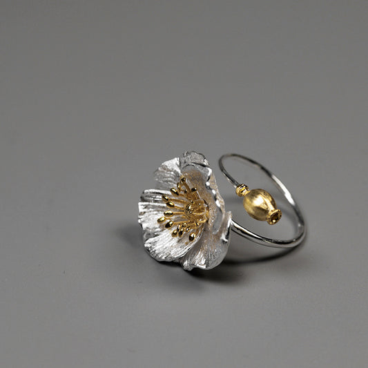 925 Sterling Silver Poppy Flower Open Ring