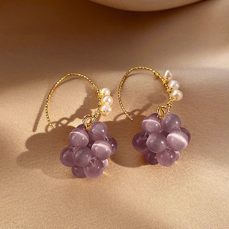 Cat's Eye Purple Sweet Grape Ball Ear Hook Fashion Design Earrings