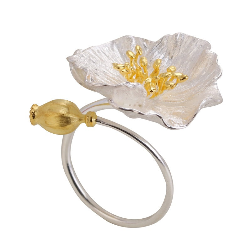 925 Sterling Silver Poppy Flower Open Ring