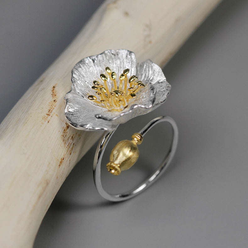 925 Sterling Silver Poppy Flower Open Ring