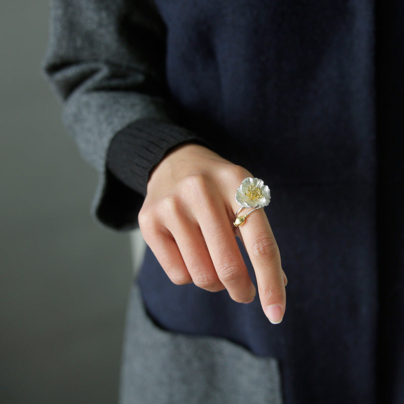 925 Sterling Silver Poppy Flower Open Ring