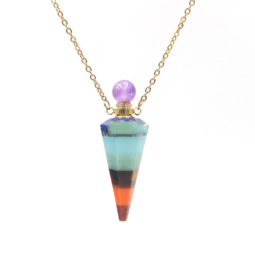 Natural Crystal Stone Hexagonal Cone Perfume Essential Oil Bottle Pendant Necklace