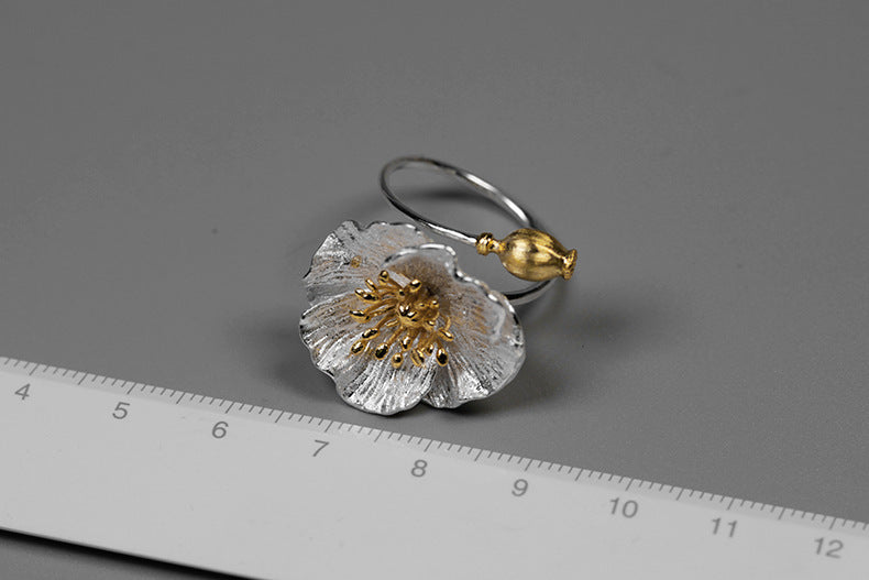 925 Sterling Silver Poppy Flower Open Ring