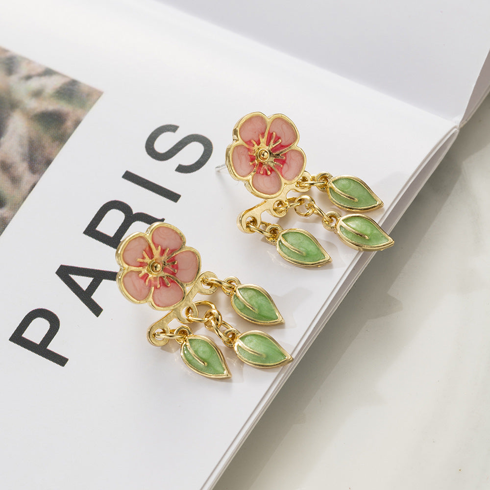 Special-interest Design Drop Oil Peach Blossom Leaf-shapepd Stud Earrings