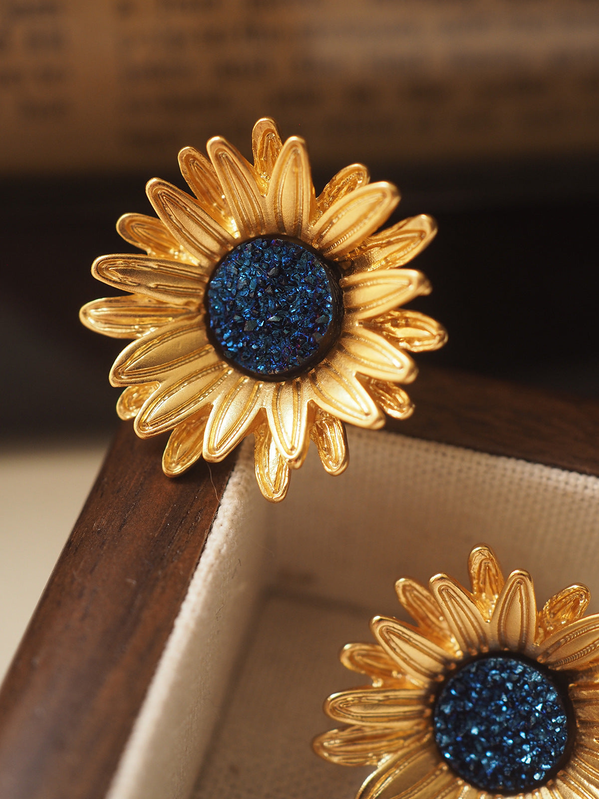 Sunflower Vintage Distressed Gold Plated Clip/Stud Earrings