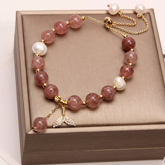 Adjustable Strawberry Crystal Bracelet Freshwater Pearl Women's Peach Blossom Fortune