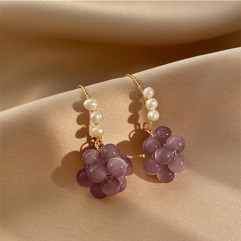 Cat's Eye Purple Sweet Grape Ball Ear Hook Fashion Design Earrings