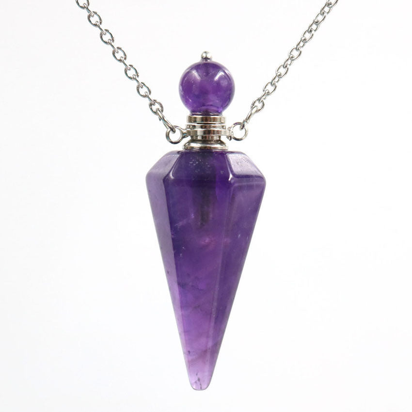 Natural Crystal Stone Hexagonal Cone Perfume Bottle Necklace