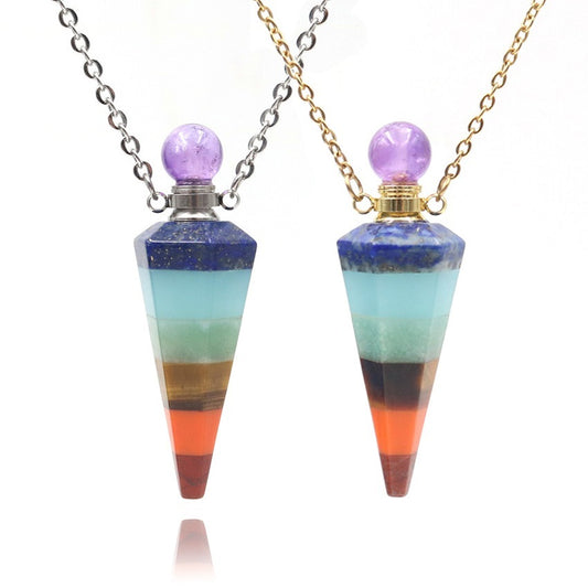 Natural Crystal Stone Hexagonal Cone Perfume Essential Oil Bottle Pendant Necklace