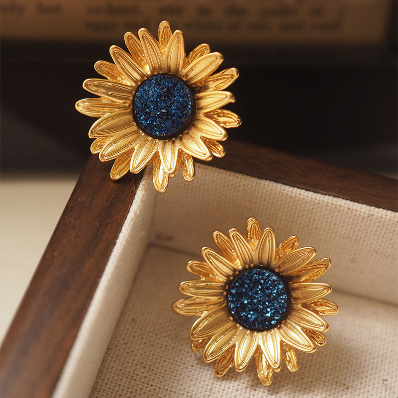 Sunflower Vintage Distressed Gold Plated Clip/Stud Earrings