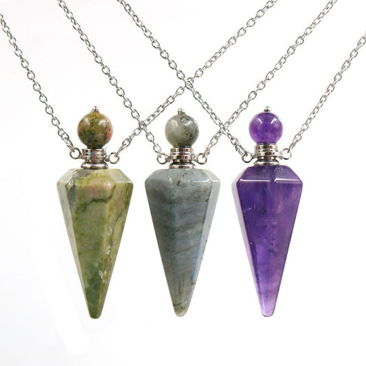 Natural Crystal Stone Hexagonal Cone Perfume Bottle Necklace