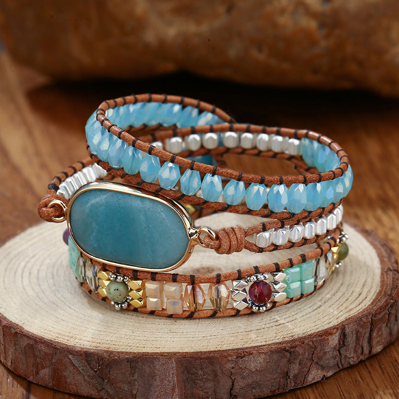 Natural Amazonite Hand Woven Leather Bracelet