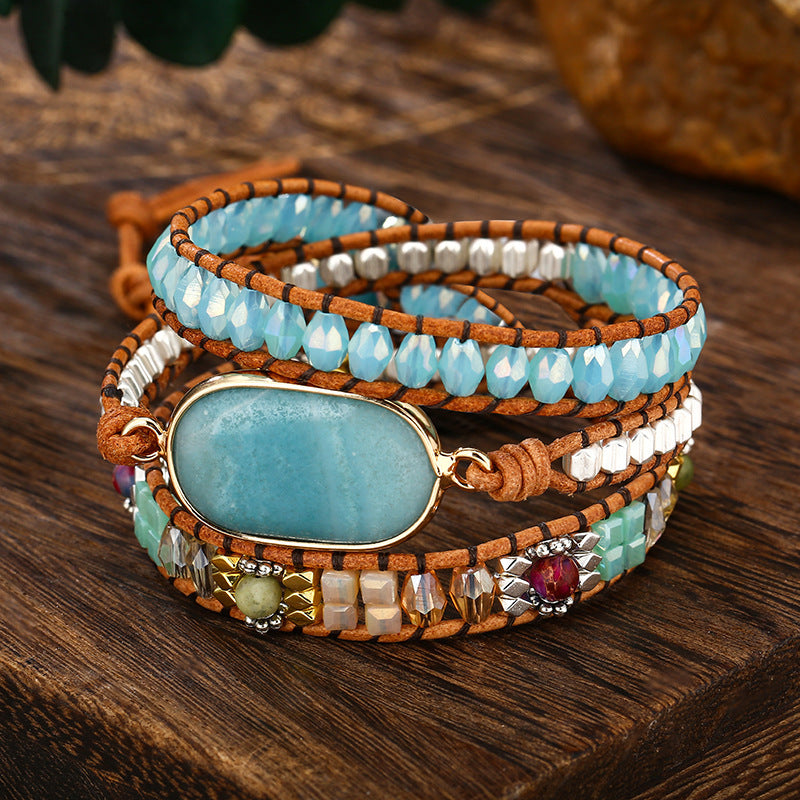 Natural Amazonite Hand Woven Leather Bracelet