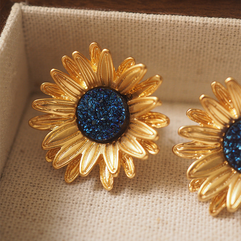 Sunflower Vintage Distressed Gold Plated Clip/Stud Earrings