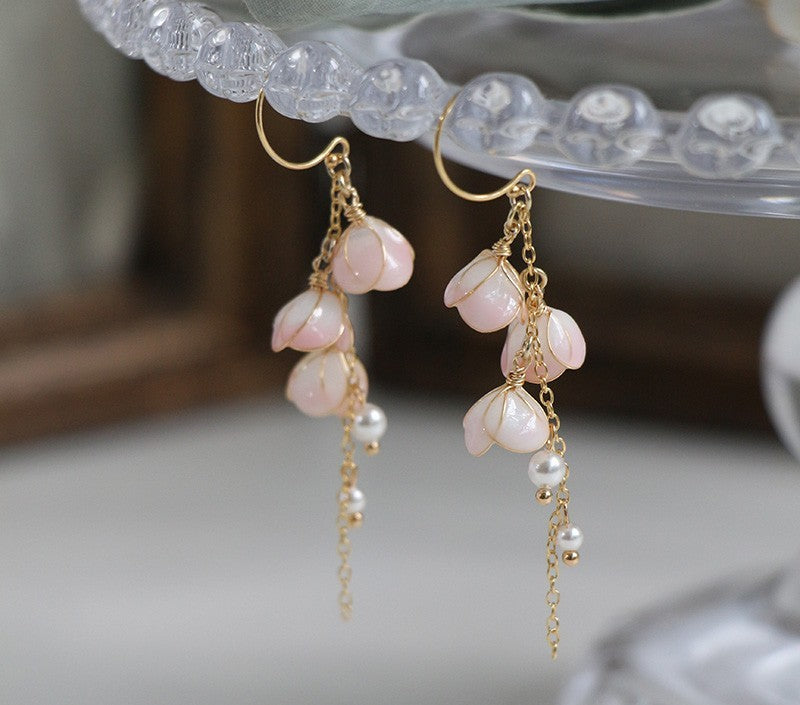 Handmade Flower Bell Orchid Petal Flower Long Tassel Resin  Earrings