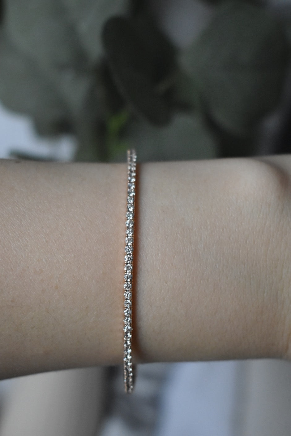 2 CTW Flexible Tennis Bangle Bracelet in 14K Rose Gold On Hand