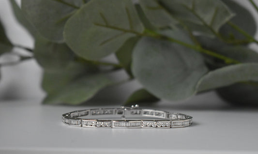 3CTW Round And Baguette Diamond Tennis Bracelet in 14K White Gold Channel Set Links Front Side