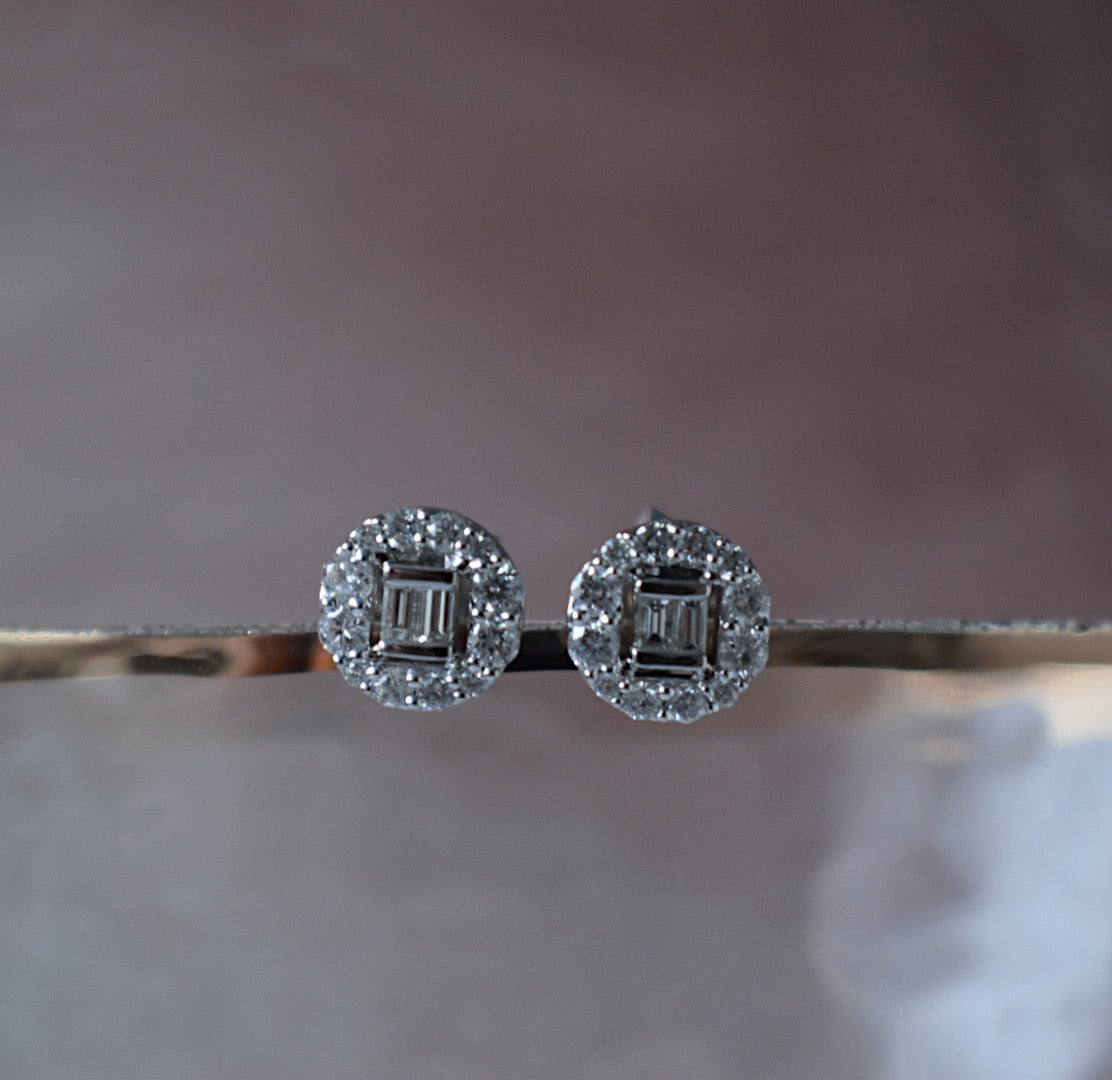 Baguette and Round Natural Diamond Cluster Stud Earrings in 14K White Gold Front Side