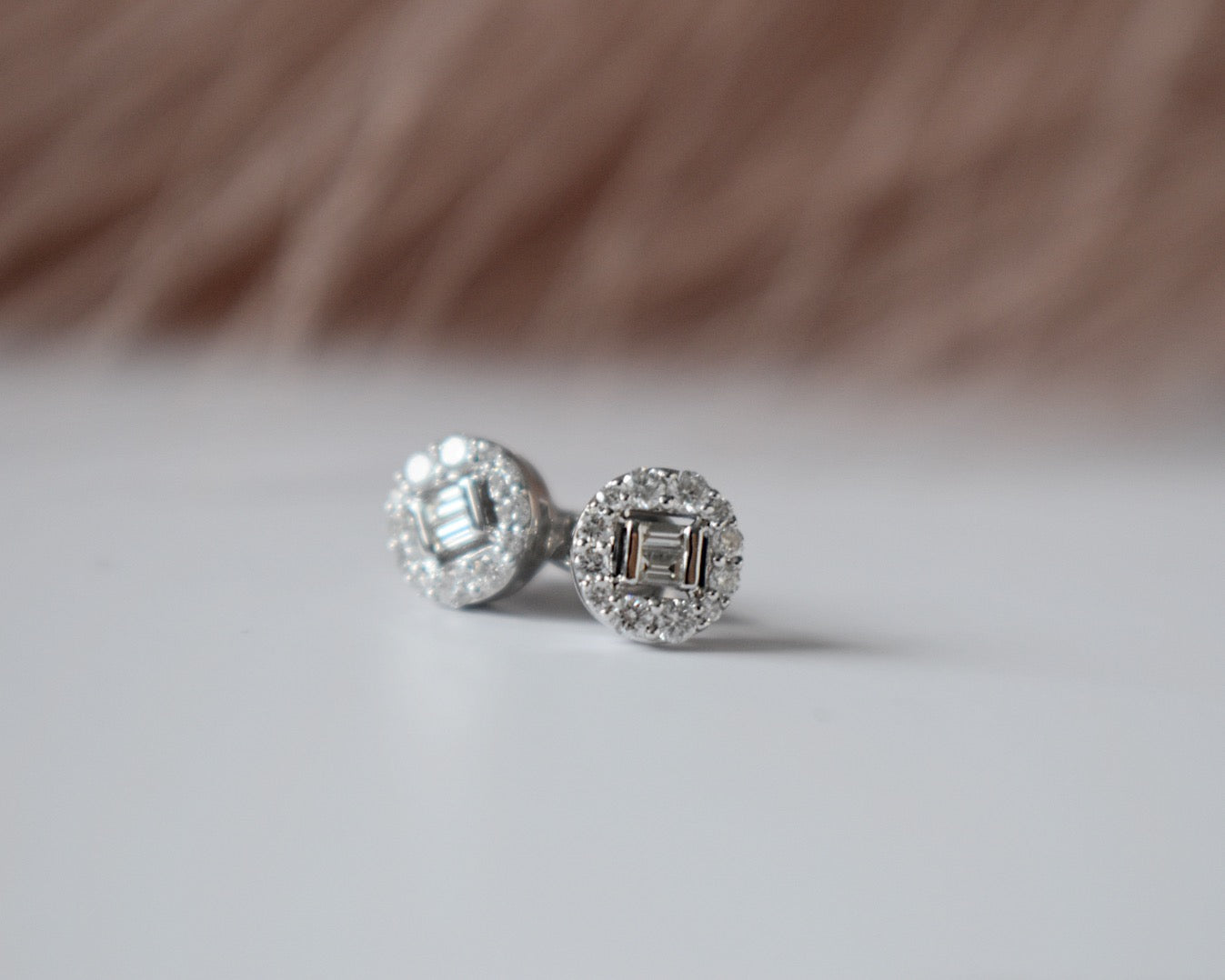 Baguette and Round Natural Diamond Cluster Stud Earrings in 14K White Gold Left Side