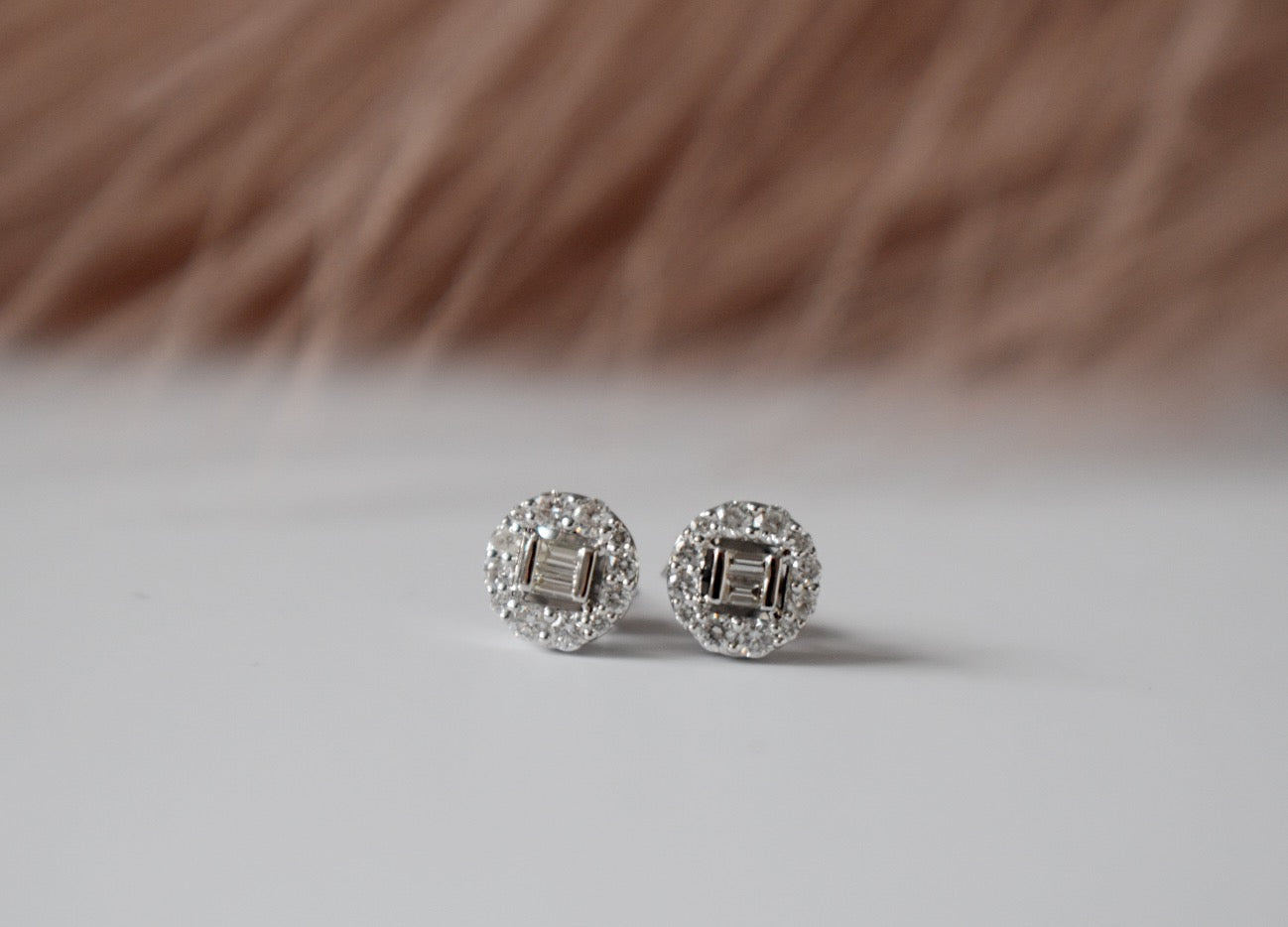 Baguette and Round Natural Diamond Cluster Stud Earrings in 14K White Gold Front Side