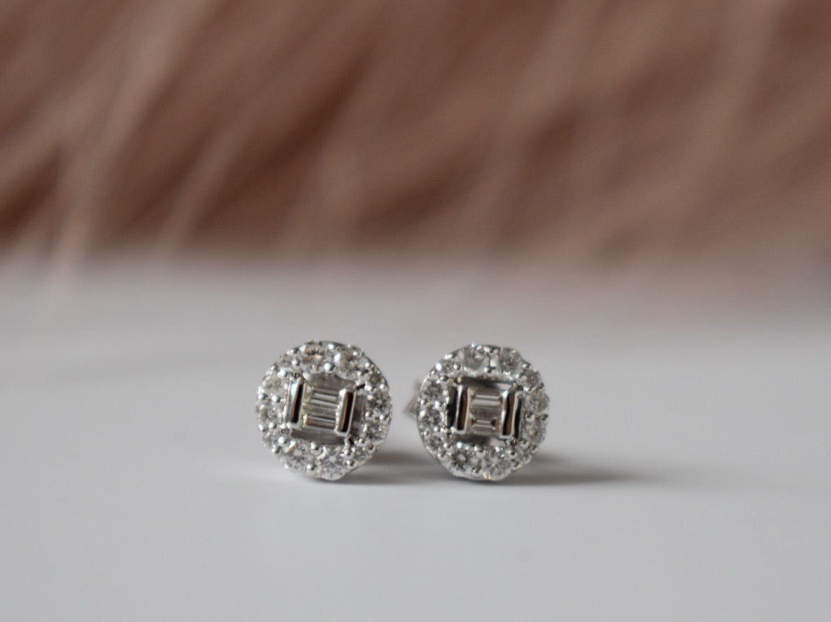 Baguette and Round Natural Diamond Cluster Stud Earrings in 14K White Gold Close Up