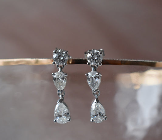 2.20 CT Dimond Drop Earrings with Pear and Round Shape Natural Diamonds in 14K White Gold Close Up