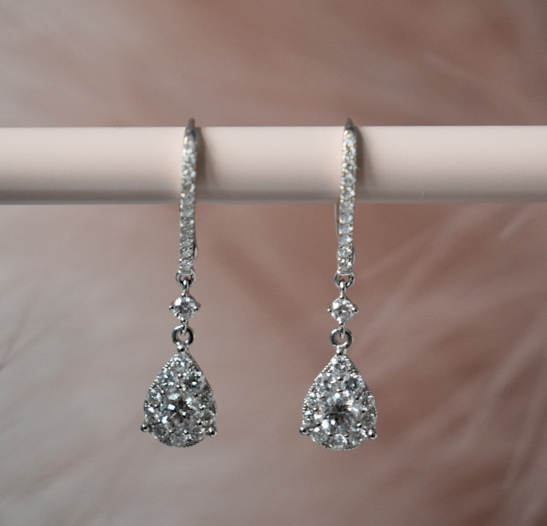 1.12 CT Diamond Cluster Teardrop Earrings in 18k White Gold Close Up