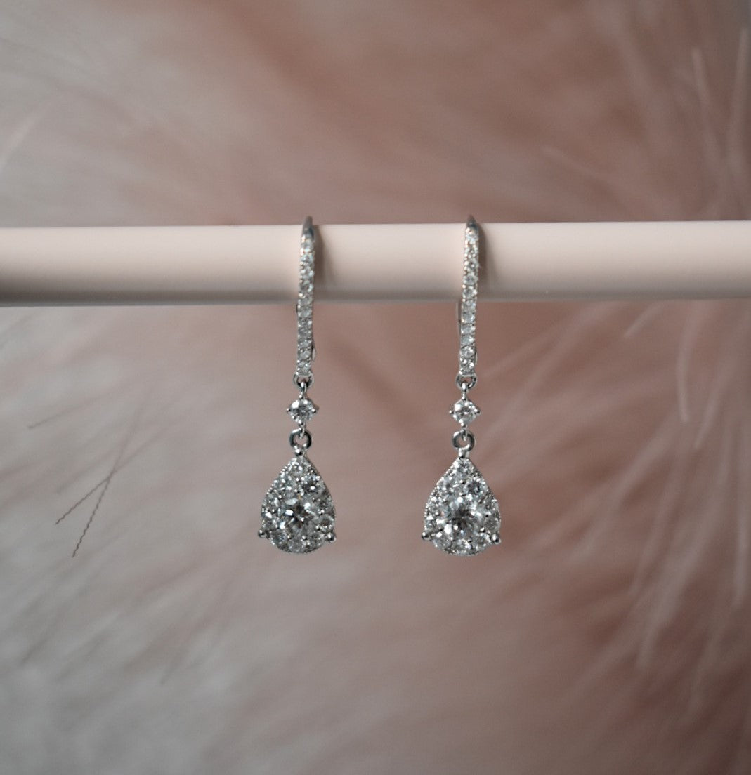 1.12 CT Diamond Cluster Teardrop Earrings in 18k White Gold Front Side