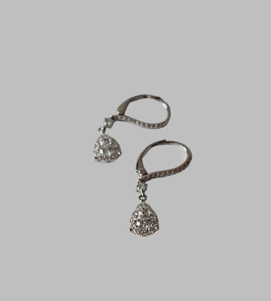 1.12 CT Diamond Cluster Teardrop Earrings in 18k White Gold White Background