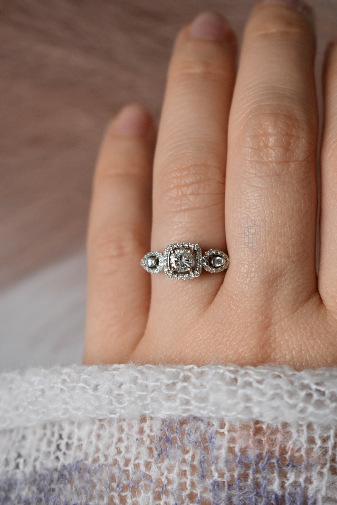 Three Stone Engagement Ring in 14K White Gold On Hand