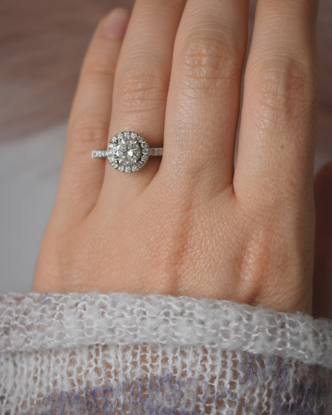 1 CTTW Round Halo Natural Diamond Engagement Ring On hand