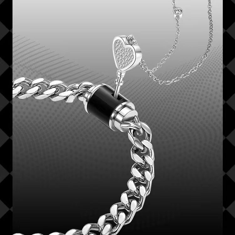 Couple Stainless Steel Lock Bracelet And Key Pendant Necklace