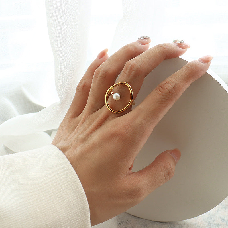 18K Gold Plating Geometric Titanium Steel  Pearl Ring