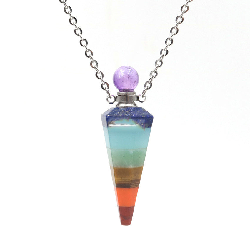 Natural Crystal Stone Hexagonal Cone Perfume Essential Oil Bottle Pendant Necklace