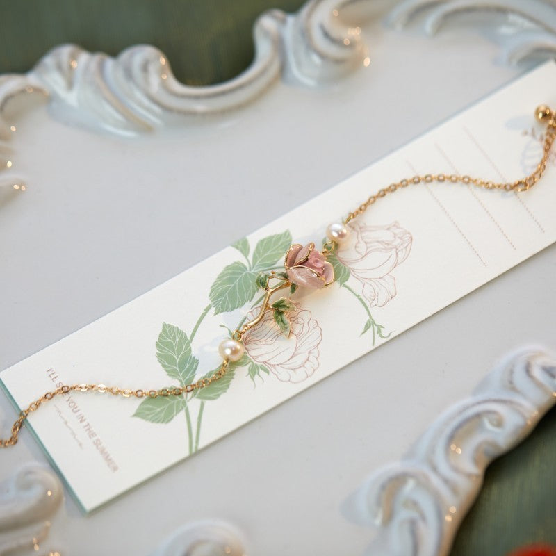 Rose Retro Exquisite Enamel Drip Glazed Brass Gold-plated Pearl Bracelet