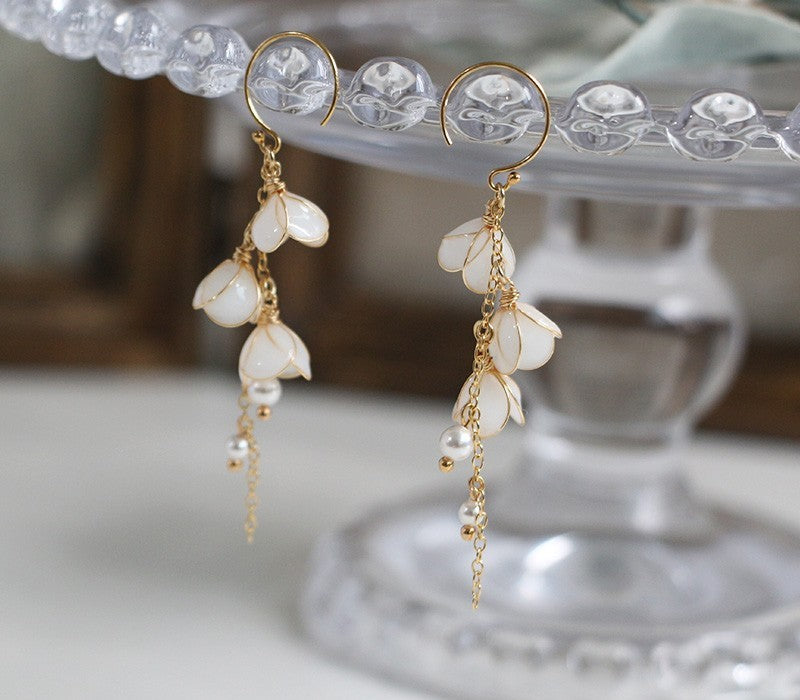 Handmade Flower Bell Orchid Petal Flower Long Tassel Resin  Earrings