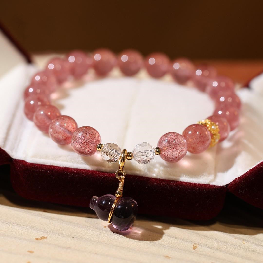 Single Circle Quartz Jade Strawberry Crystal String Stretch Bracelet