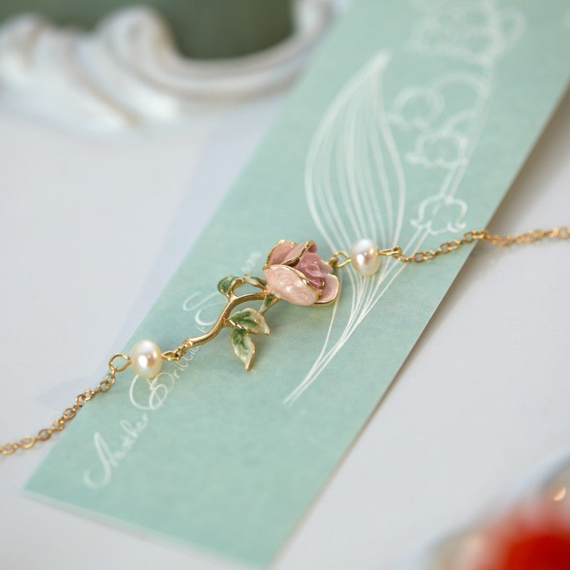 Rose Retro Exquisite Enamel Drip Glazed Brass Gold-plated Pearl Bracelet