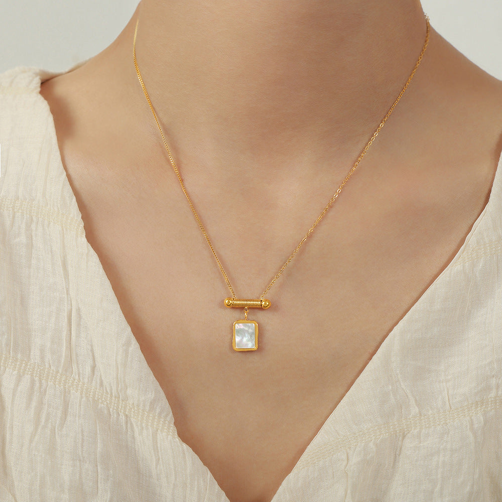 Geometric Square Fritillary Pendant Titanium Steel Gold-plated Shell Necklace