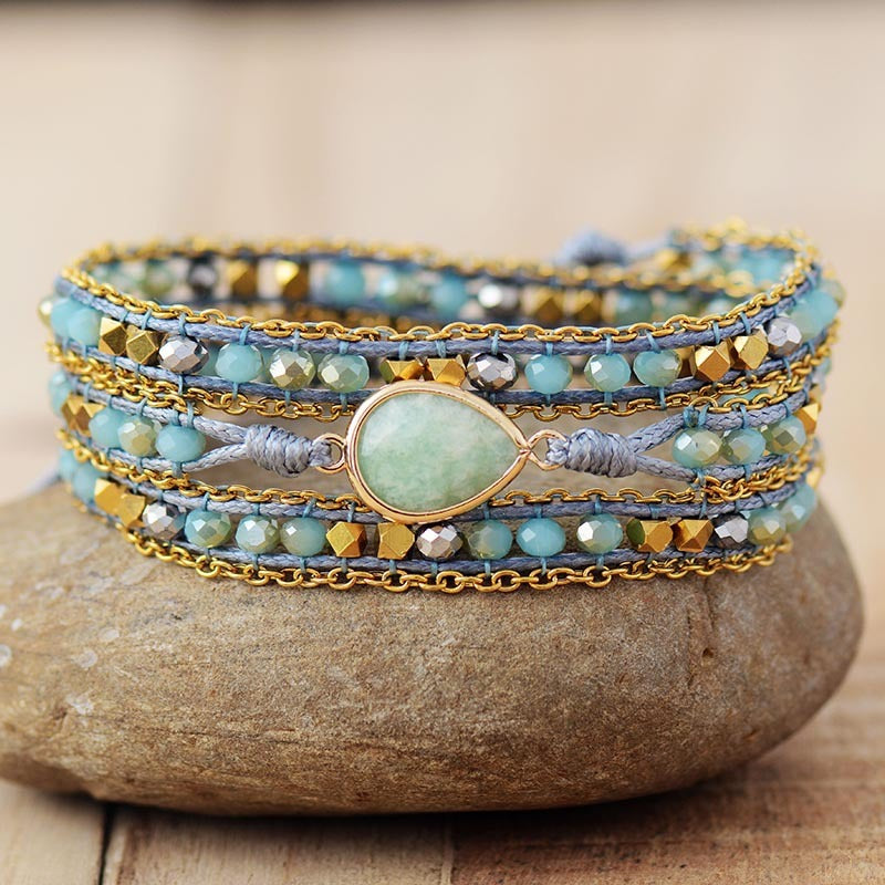 Natural Amazonite Hand-woven Leather Ethnic Style Women's Bracelet