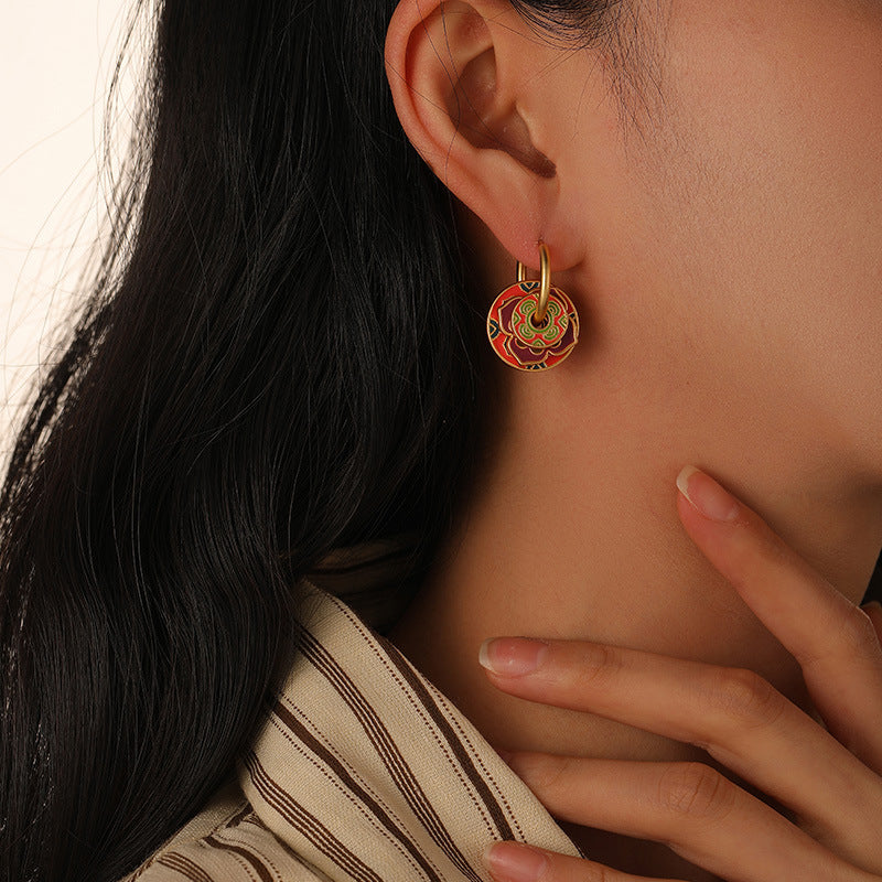 Lady Wearing Enamel Drip Oil Earrings