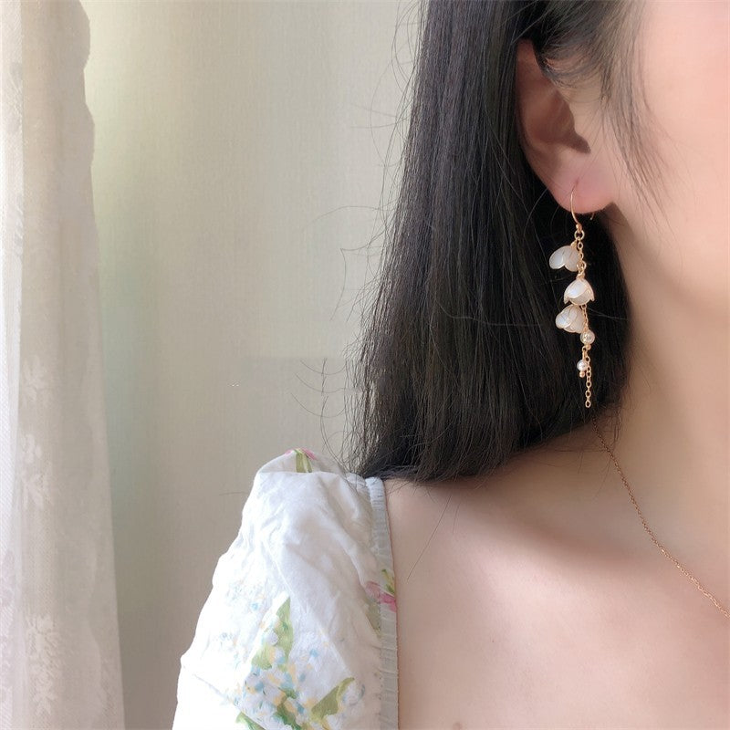 Handmade Flower Bell Orchid Petal Flower Long Tassel Resin  Earrings