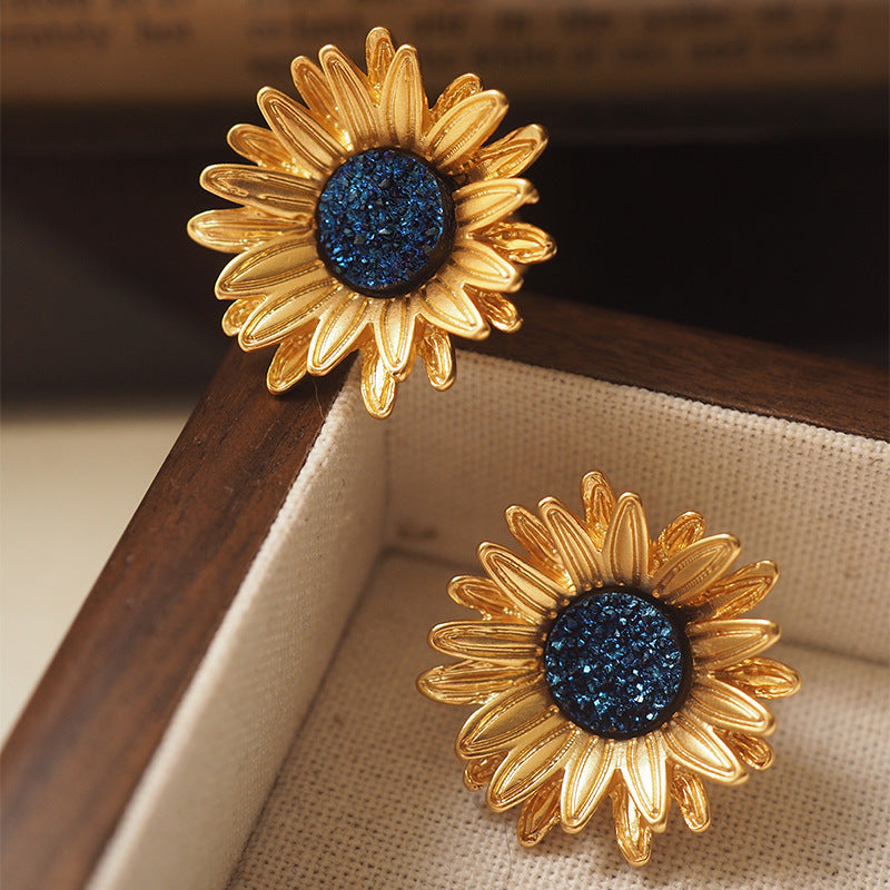 Sunflower Vintage Distressed Gold Plated Clip/Stud Earrings