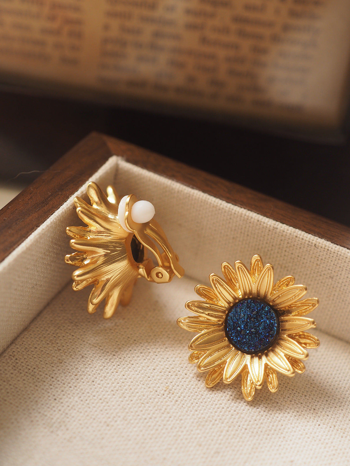 Sunflower Vintage Distressed Gold Plated Clip/Stud Earrings