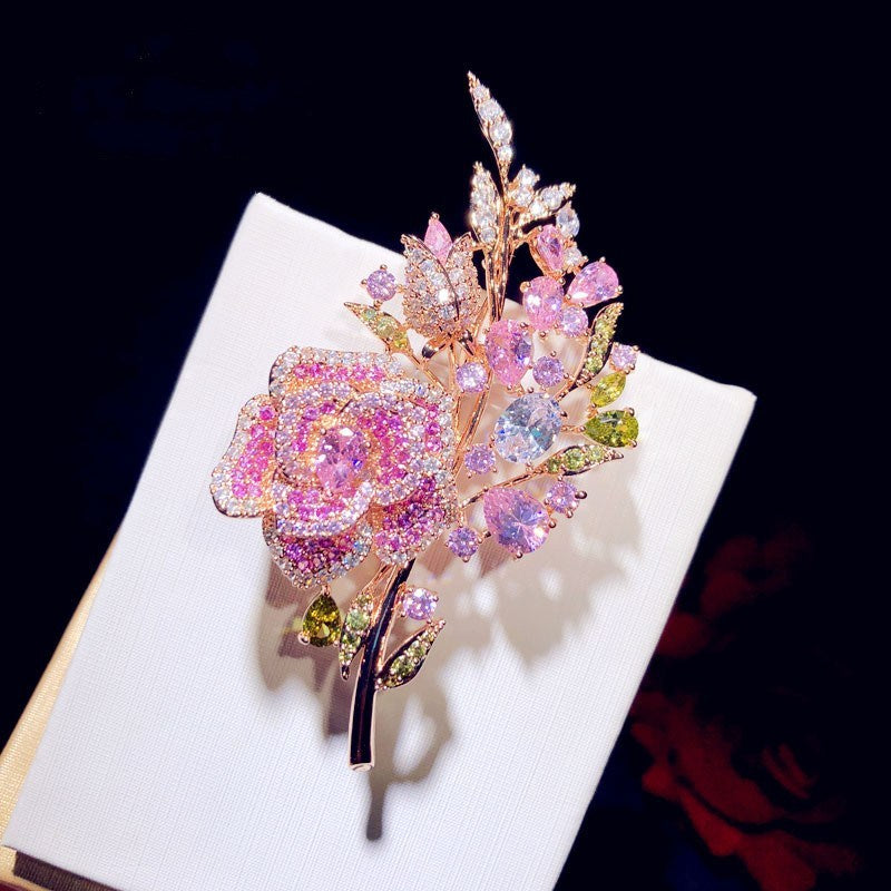 Zirconium Full Diamond Rose Bouquet Brooch