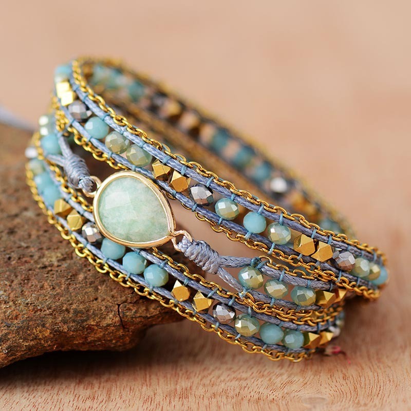 Natural Amazonite Hand-woven Leather Ethnic Style Women's Bracelet