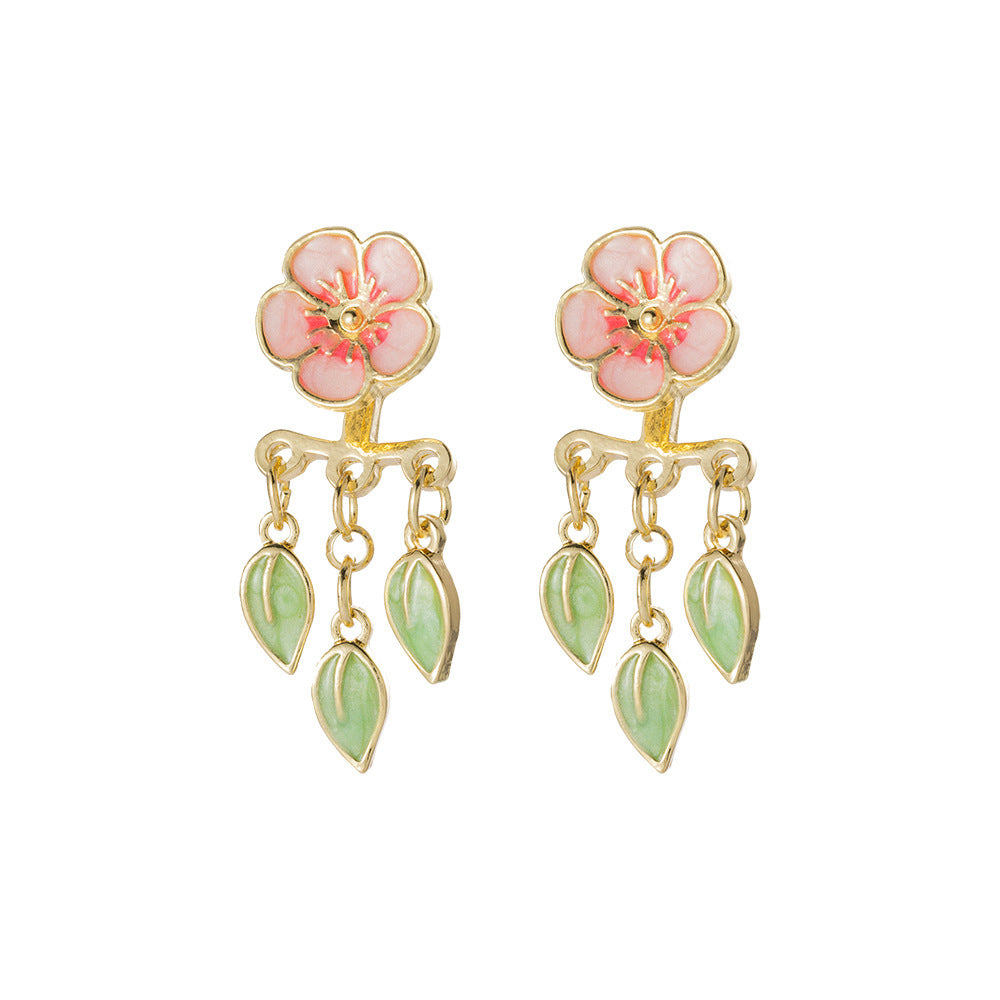 Special-interest Design Drop Oil Peach Blossom Leaf-shapepd Stud Earrings