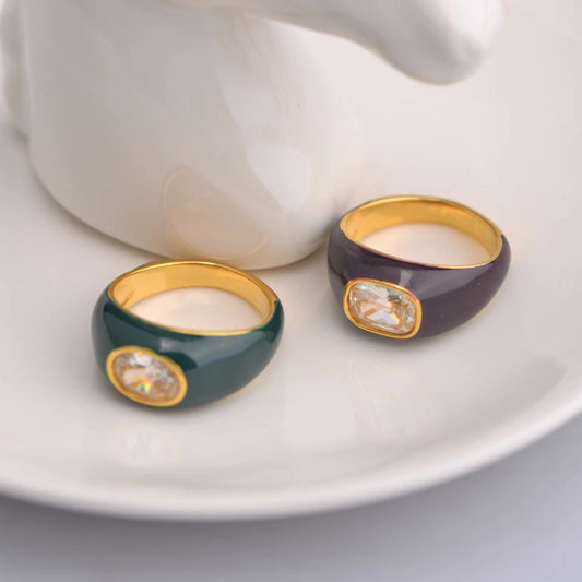 Green Round Crystal Coffee Colored Square Ring