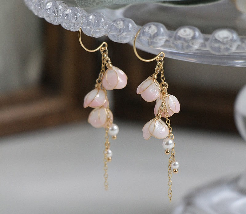 Handmade Flower Bell Orchid Petal Flower Long Tassel Resin  Earrings